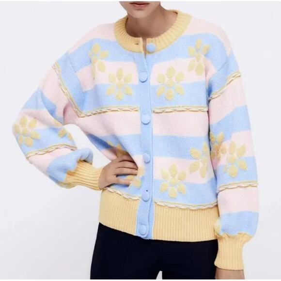 (S) Zara Pastel Colors Floral Jacquard Cozy Knit Button Front Cardigan Sweater - Picture 9 of 15